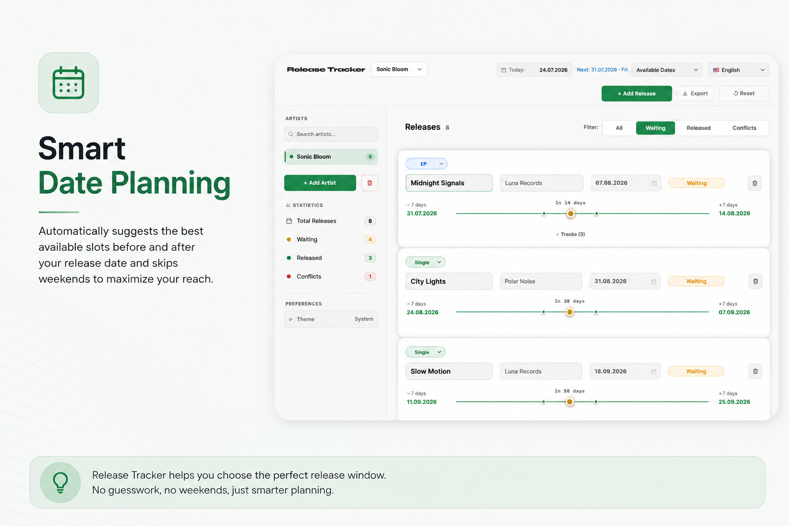 Smart Date Planning — Release Tracker's calendar view for planning release dates