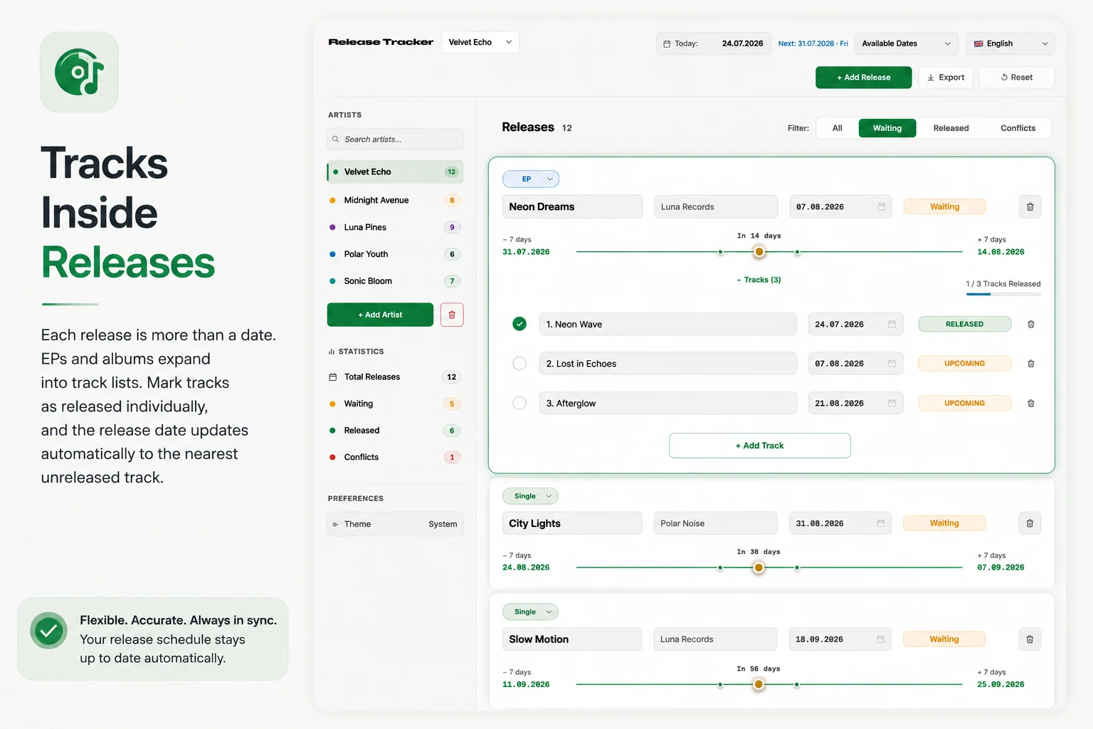 Individual tracks organized inside a Release Tracker project