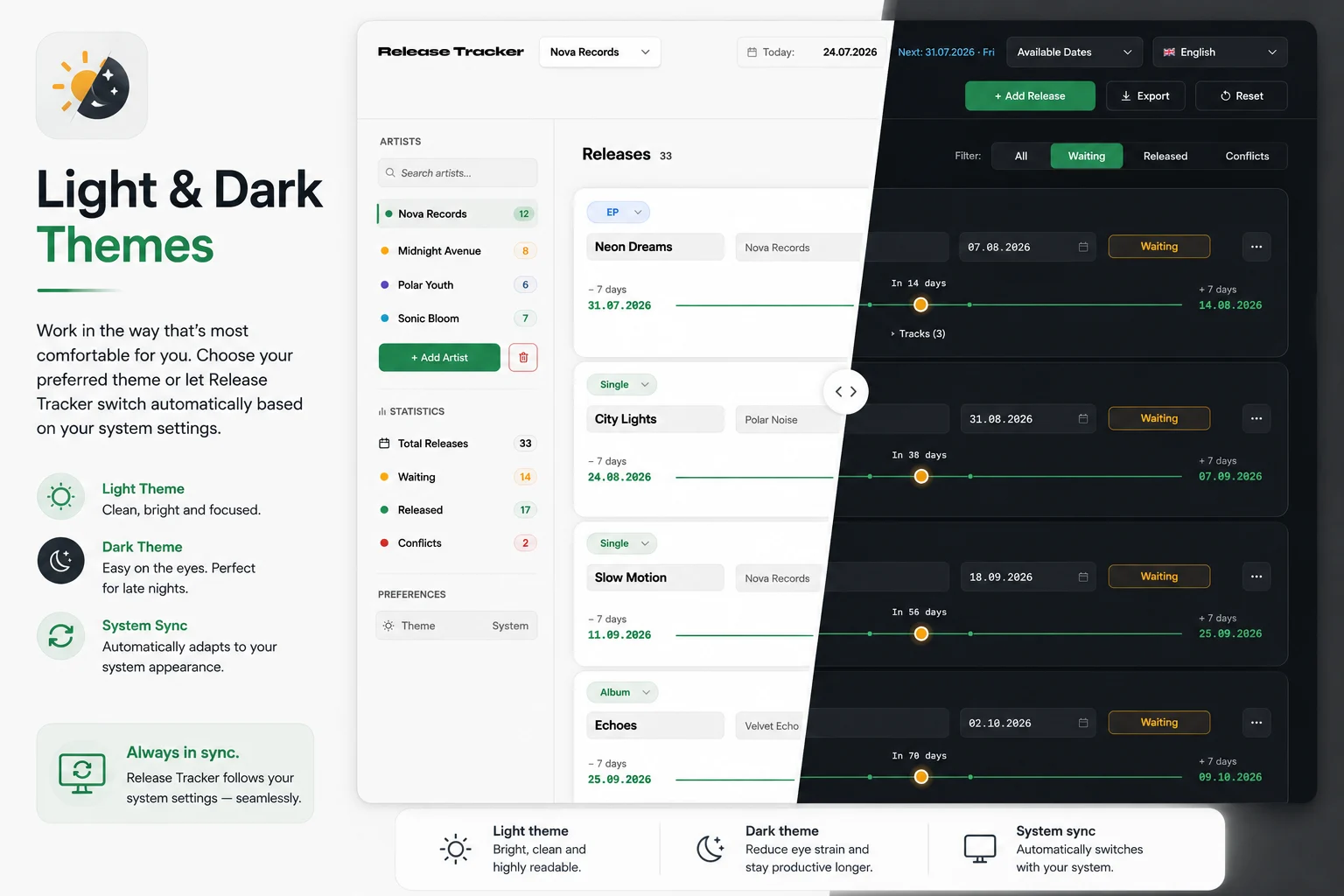 Release Tracker interface in light and dark themes
