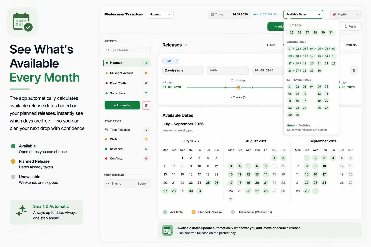 Monthly availability view showing open music release dates