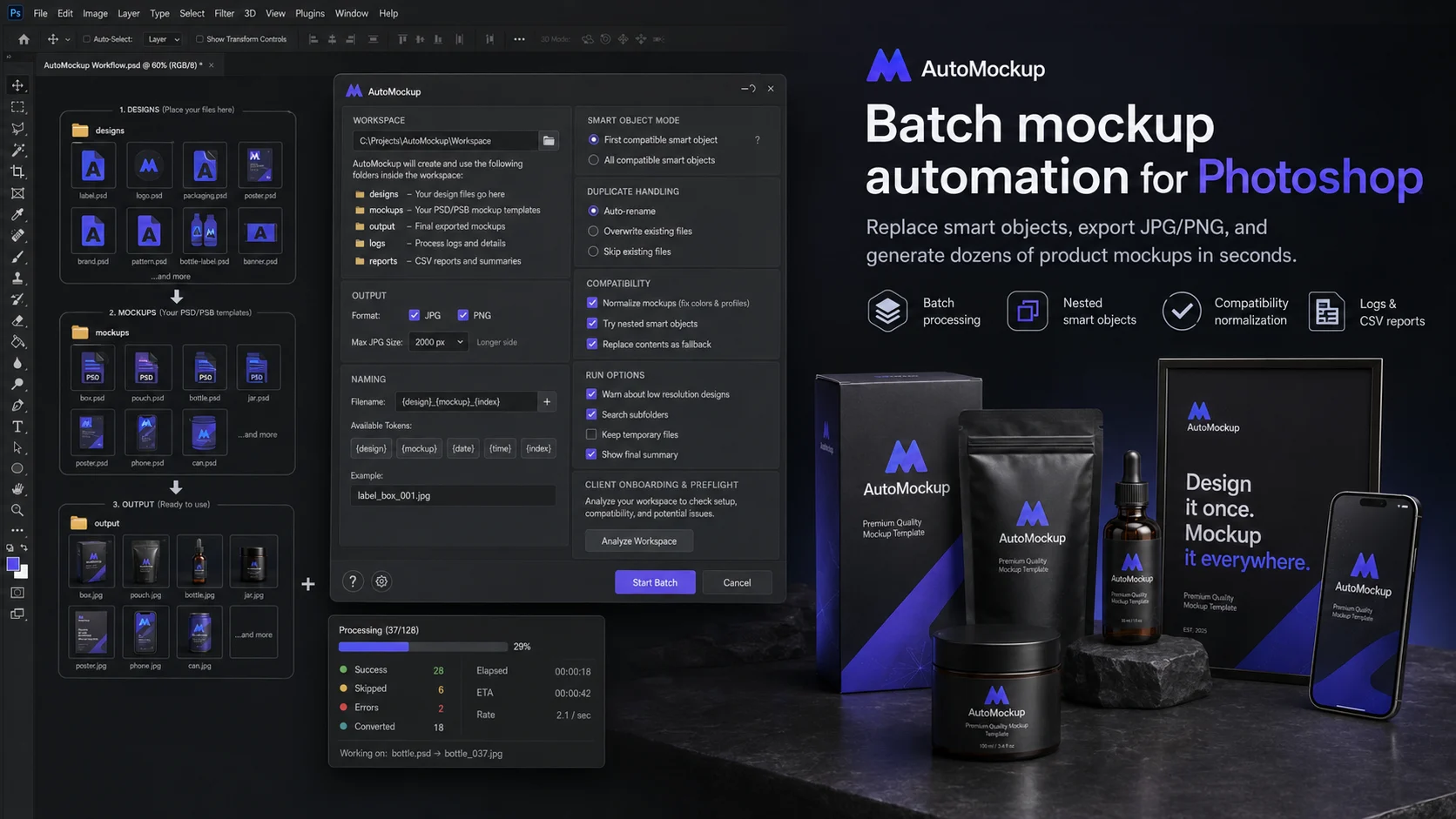 AutoMockup batch workflow and Photoshop mockup automation interface