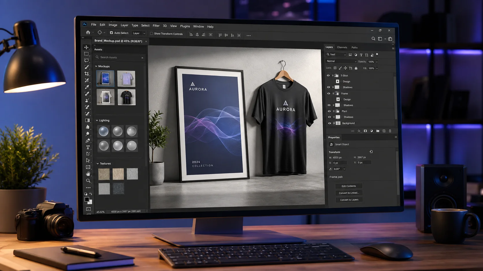Photoshop workspace showing a poster and T-shirt product mockup using Smart Objects