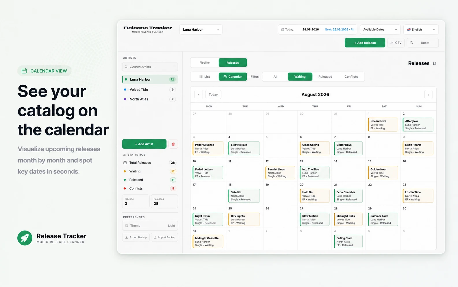 Release Tracker monthly calendar showing waiting and released music projects