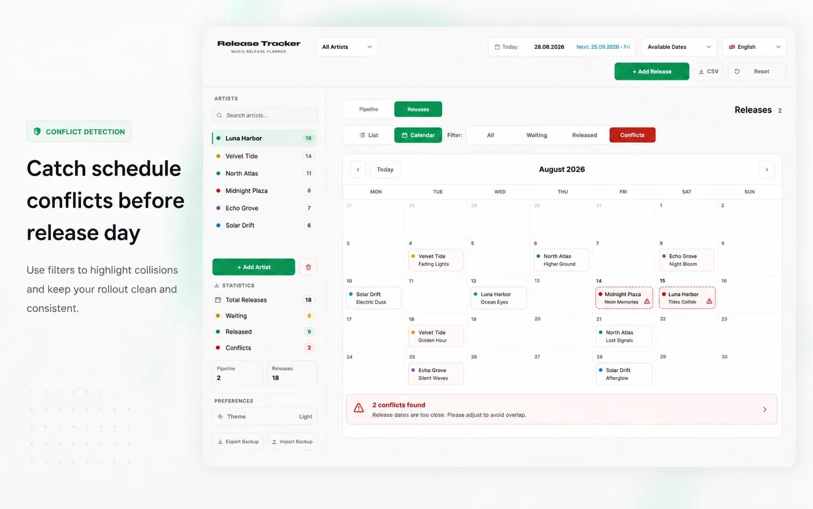 Release Tracker calendar highlighting overlapping music release dates