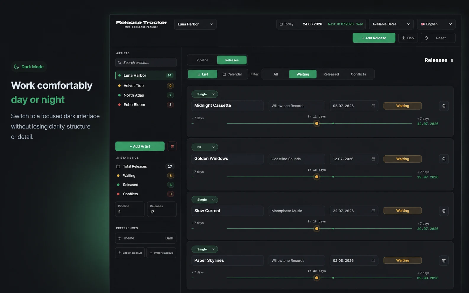 Release Tracker releases displayed in focused dark mode
