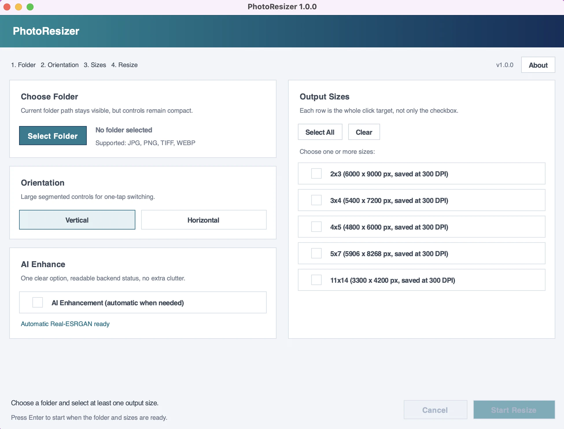 Photo Resizer AI interface with folder, orientation, AI enhancement and output size controls
