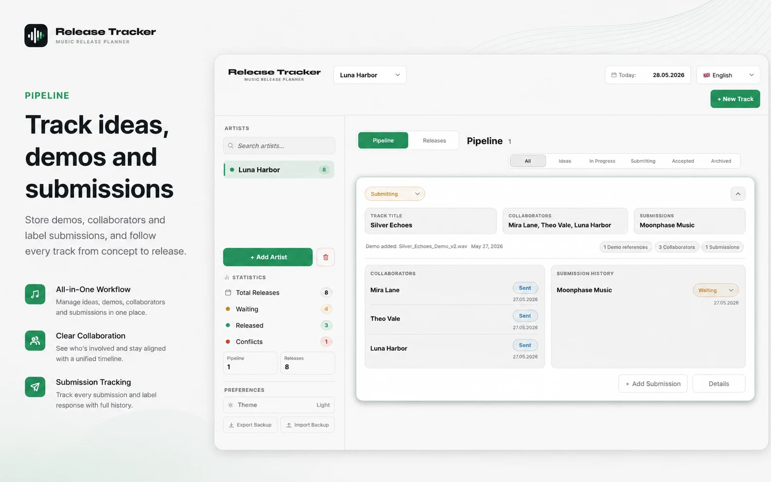 Release Tracker pipeline organizing demos, collaborators and label submissions